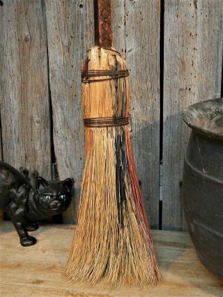Antique Primitive Hearth Broom Witch Farmhouse Carved Handle 2