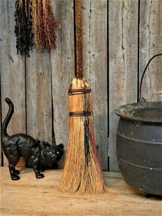 Antique Primitive Hearth Broom Witch Farmhouse Carved Handle 4