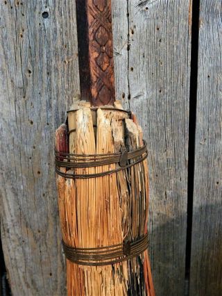 Antique Primitive Hearth Broom Witch Farmhouse Carved Handle 5