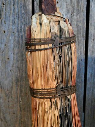 Antique Primitive Hearth Broom Witch Farmhouse Carved Handle 6
