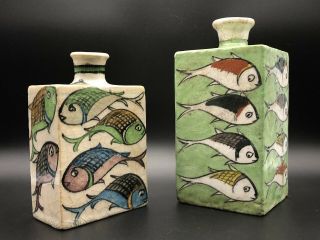 Very Rare Antique Square Japanese Sake Bottles With Hand Painted Fish