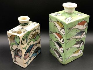 Very Rare Antique Square Japanese Sake Bottles with Hand Painted Fish 2