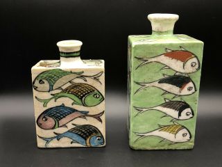 Very Rare Antique Square Japanese Sake Bottles with Hand Painted Fish 3
