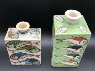 Very Rare Antique Square Japanese Sake Bottles with Hand Painted Fish 4