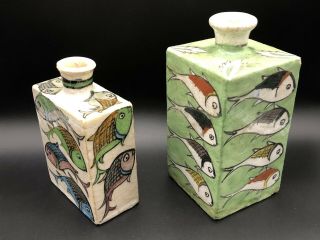 Very Rare Antique Square Japanese Sake Bottles with Hand Painted Fish 5