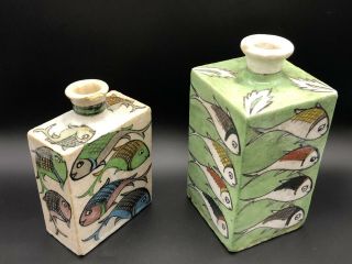 Very Rare Antique Square Japanese Sake Bottles with Hand Painted Fish 6