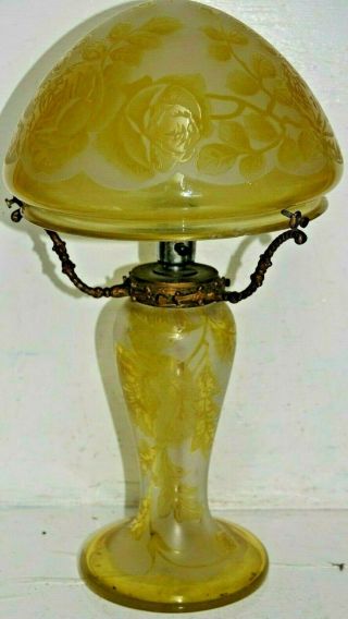Old Art Deco Glass Lamp With Acid Etched Flower Design Very Rare