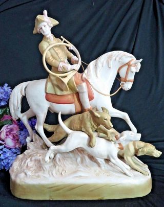 Vintage Antique Royal Dux Bohemia Porcelain Figurine Hunter Dogs Horse Huge 20 "