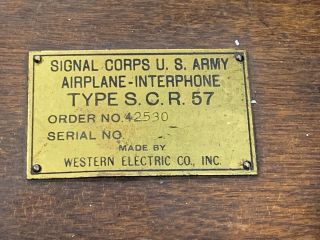 WWI US ARMY SIGNAL CORP WESTERN ELECTRIC CO.  AIRPLANE - INTERPHONE SCR - 57 c.  1918 2