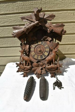 Large Vintage German Black Forest Carved Deer & Cuckoo Clock