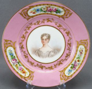 Sevres Style Pompadour Pink Hand Painted Mde Louise Portrait Floral Gold Plate