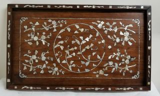 Antique Chinese Early Carved Huanghuali Mother Of Pearl Inlaid Tray Rosewood