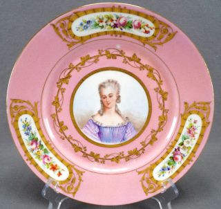 19th Cent Sevres Style Pompadour Pink Hand Painted Lady Portrait & Gold Plate