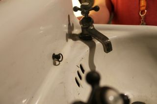 Antique Small Porcelain Cast Iron Sink Faucets & Drain 14 