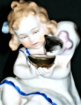 Antique German Meissen Dresden Little Girl Doll & Cat Kitten Porcelain Figurine