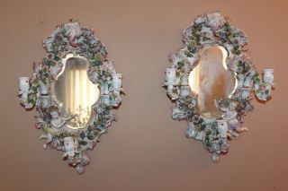 Antique German Porcelain Rococo Style Wall Mirrors With Signed