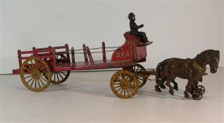 1890s Large Hubley Cast Iron Horse Drawn Stake Body Dray Beer Wagon 23 Inches