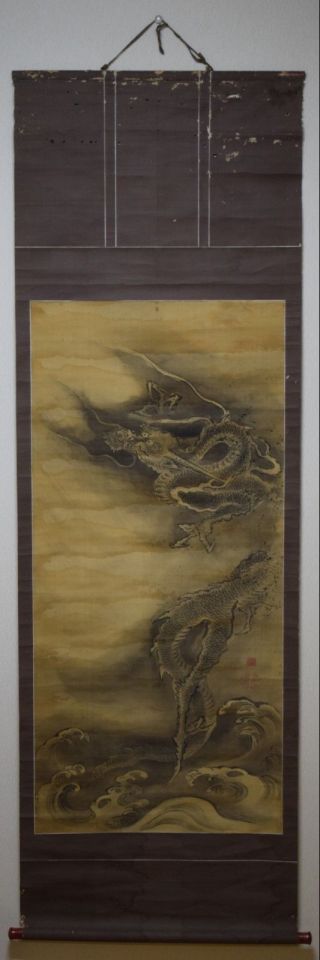 Japanese Antique Hanging Scroll Art Painting Dragon Sined Silk Vintage