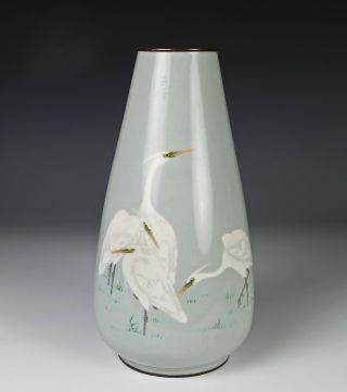Large Antique Japanese Wireless Cloisonne Vase With Cranes