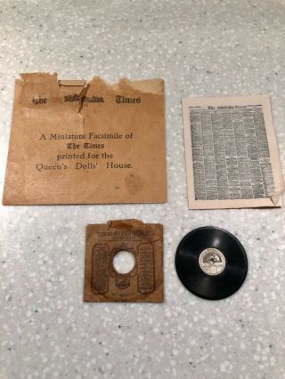 Antique Queen mary dolls house miniature record and newspaper.  Very rare 2