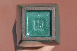 Chinese Teal Green Color Enamel Yixing Zisha Pottery Square Vase Lion Ears 鐵畫軒製 12