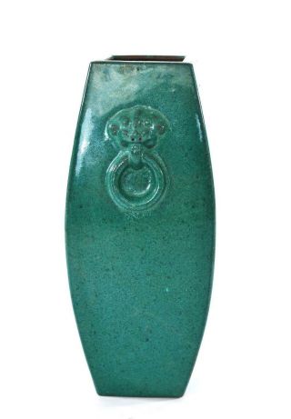 Chinese Teal Green Color Enamel Yixing Zisha Pottery Square Vase Lion Ears 鐵畫軒製 6