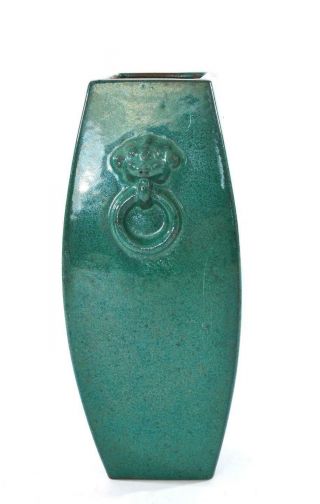 Chinese Teal Green Color Enamel Yixing Zisha Pottery Square Vase Lion Ears 鐵畫軒製 8