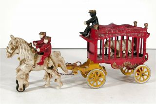 1920s Cast Iron Horse Drawn Overland Circus Wagon Polar Bear Cage Toy By Kenton