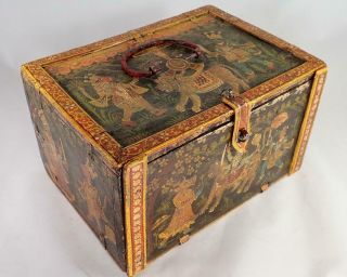 Antique 19th C Indian Mughal Marriage Dowry Box Krishna Hindu Gods Tiger Bird 12