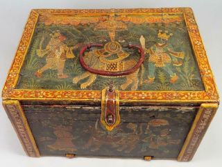 Antique 19th C Indian Mughal Marriage Dowry Box Krishna Hindu Gods Tiger Bird