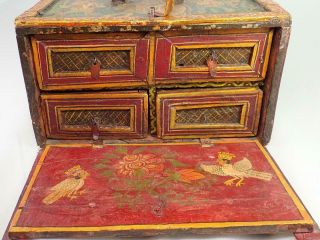 Antique 19th C Indian Mughal Marriage Dowry Box Krishna Hindu Gods Tiger Bird 2