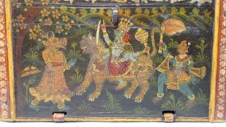 Antique 19th C Indian Mughal Marriage Dowry Box Krishna Hindu Gods Tiger Bird 4