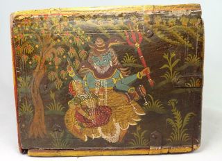 Antique 19th C Indian Mughal Marriage Dowry Box Krishna Hindu Gods Tiger Bird 7