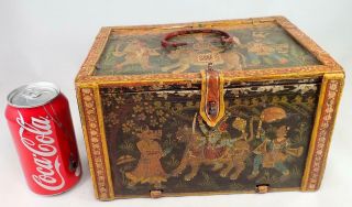 Antique 19th C Indian Mughal Marriage Dowry Box Krishna Hindu Gods Tiger Bird 8