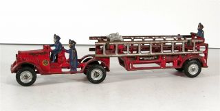 C1930 Large Cast Iron Arcade Tractor Trailer Tandem Fire Hook & Ladder Truck Toy