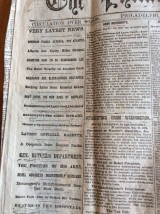 Philadelphia Newspaper Civil War 5/28 1864 Sherman Flanks Altoona Johnston Lee 2