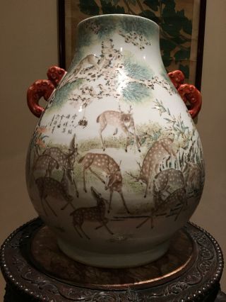 A Large And Important Qing Dynasty 100 Deer Famille Rose Zun Vase,  Marked.