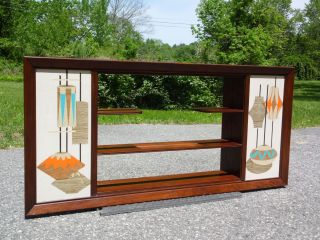 Vintage Mid Century Modern Framed Mirror Shadow Box Shelves Illinois Moulding Co 2