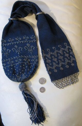 Antique Victorian Large Crochet French Fleur De Lis Steel Bead Miser Purse 1800s