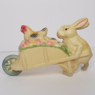 Antique Celluloid Toys Rare Colorful Rabbit Pushing Easter Egg Cart With Chicken