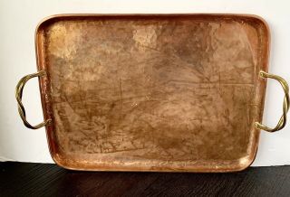 Gustav Stickley Lg Twisted Handle Hammered Copper Tray Arts Crafts Signed