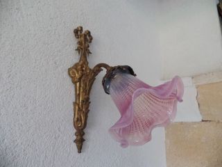 Antique French Bronze Knots Flowers Sconce With Pink Opalescent Shade