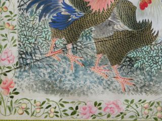 Antique Chinese Silk Painting 2 Roosters and Birds,  Stamped ZhuNan 17X14 