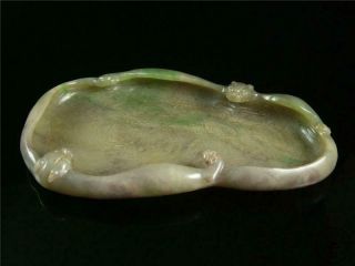 Fine Old Chinese Celadon Nephrite Jade Brush Washer Double Hornless Dragon
