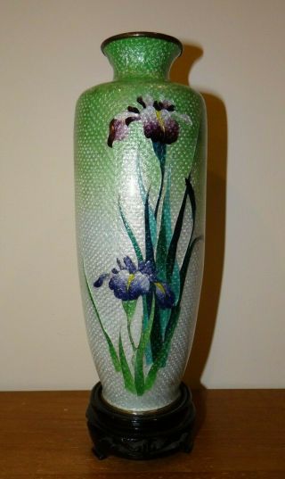 Antique Japanese Ando Jubei Ginbari Foil Cloisonne Enamel Vase With Irises