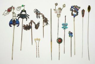 13x 19/20c Chinese Hair Pins Silver & Enamel Jade Carnelian Coral Turquoise