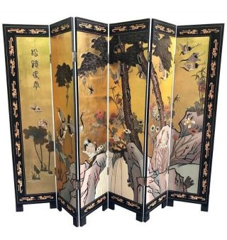 Chinese Export Gold Leaf Six Panel Coromandel Screen Room Divider Art