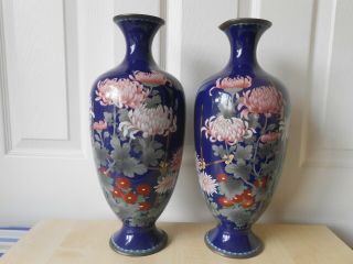 Large Japanese Cloisonne Vases,  14.  25 Inches High,  Silver Wire A/f