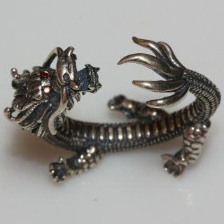 Scarce - Vintage Silver & Hand Made Dragon Ring With Red Stones