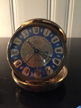 Vintage Uti Swiza Travel Alarm Clock 7 Jewels Swiss Made Rare Unique Cobalt Blue